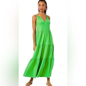 Lilly Pulitzer Maribella Maxi Dress Gecko Green Halter Tiered Size L